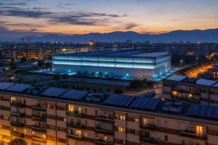 Edificio industriale anonimo con pannelli solari su edifici vicini in un quartiere urbano italiano al tramonto
