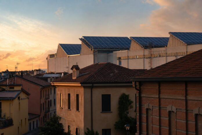 Impianti fotovoltaici su edifici industriali italiani al tramonto