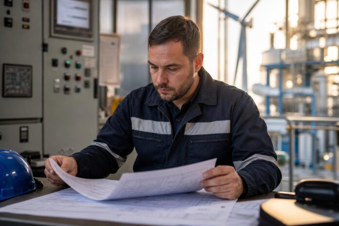 Tecnico al lavoro nella sala controllo di un impianto a biomasse