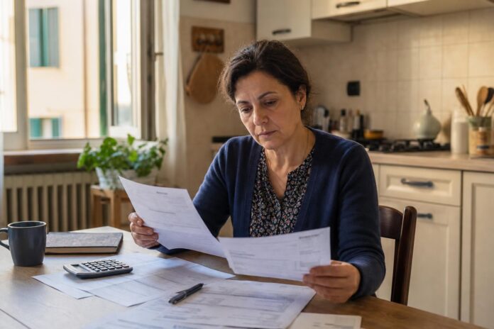 Donna che esamina documenti relativi alla bolletta energetica in una cucina italiana