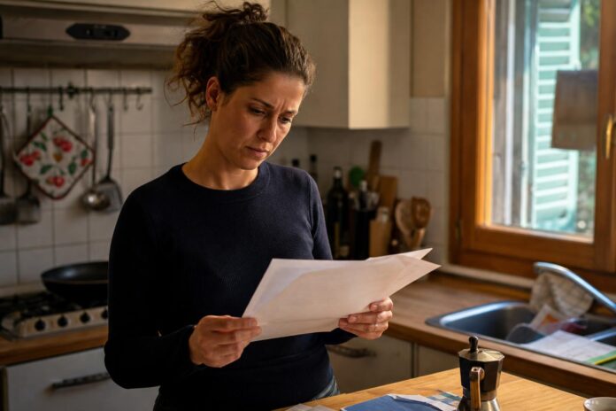 Persona in cucina che esamina documenti energetici con luce pomeridiana