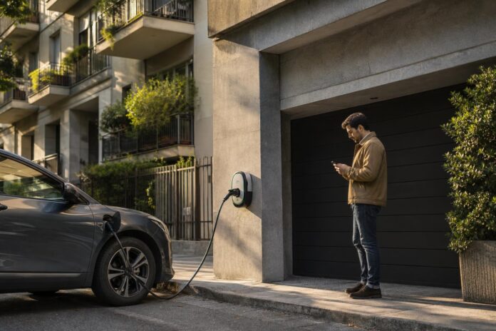 Colonnina di ricarica per auto elettrica installata all'esterno di un edificio residenziale italiano