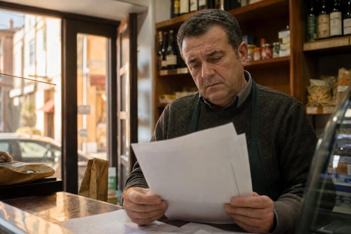 Titolare di piccola impresa commerciale che esamina documenti con espressione preoccupata