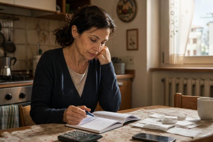 Donna italiana alla scrivania di casa con quaderno di conti domestici