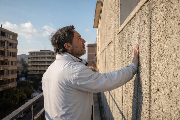 Tecnico che esamina la facciata di un edificio residenziale italiano degli anni Settanta