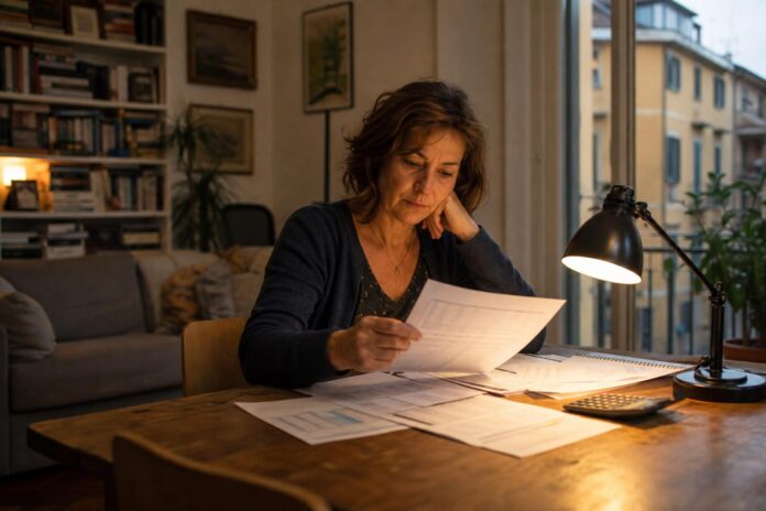 Cittadino italiano che esamina documenti domestici alla luce di una lampada da tavolo