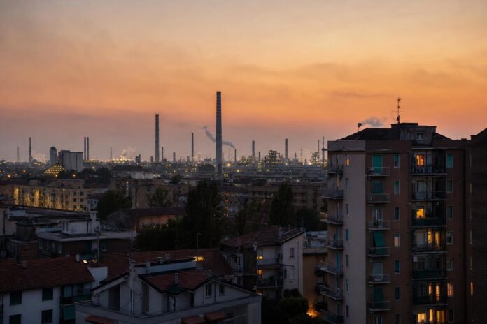 Skyline di città industriale italiana al tramonto con edifici residenziali in primo piano