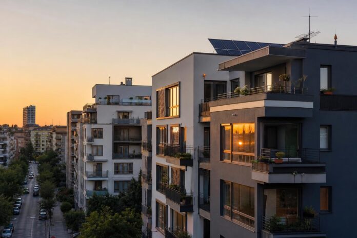 Condominio italiano al tramonto con pannelli solari sul tetto