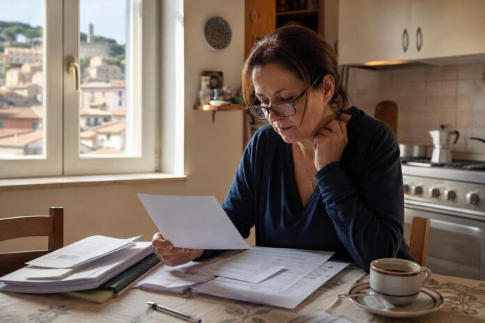 Donna che esamina documenti domestici al tavolo della cucina per verificare il diritto al bonus bollette