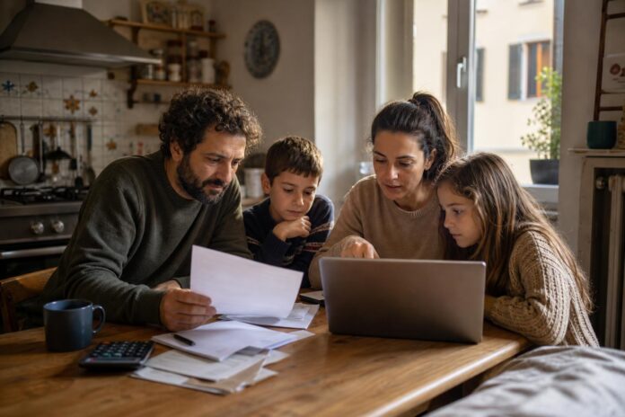 Famiglia italiana al tavolo di cucina che esamina documenti relativi al bonus bollette 2026