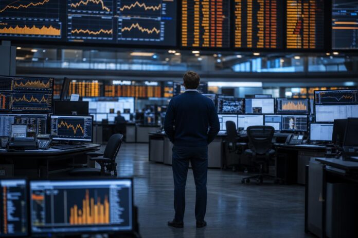 Sala di trading del mercato energetico all'ingrosso con schermi che mostrano grafici di prezzo