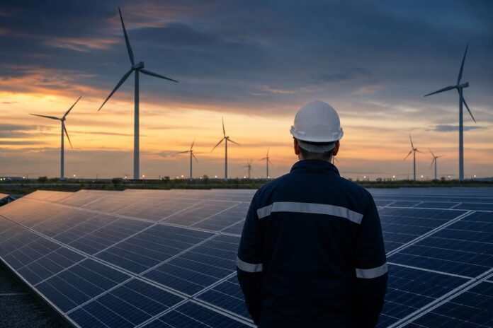 Impianto di energia rinnovabile con pannelli solari e turbine eoliche