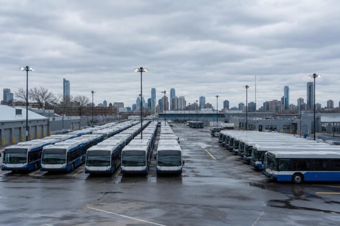 Autobus parcheggiati in un deposito urbano sotto un cielo nuvoloso
